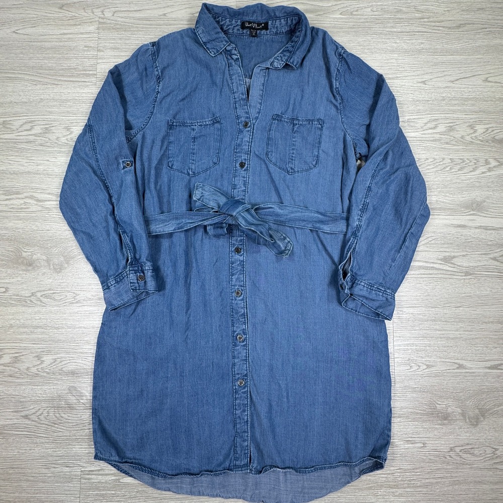 Velvet Heart Women's Denim Shirt Dress Blue Medium Belted Tencel Roll Tab Sleeve